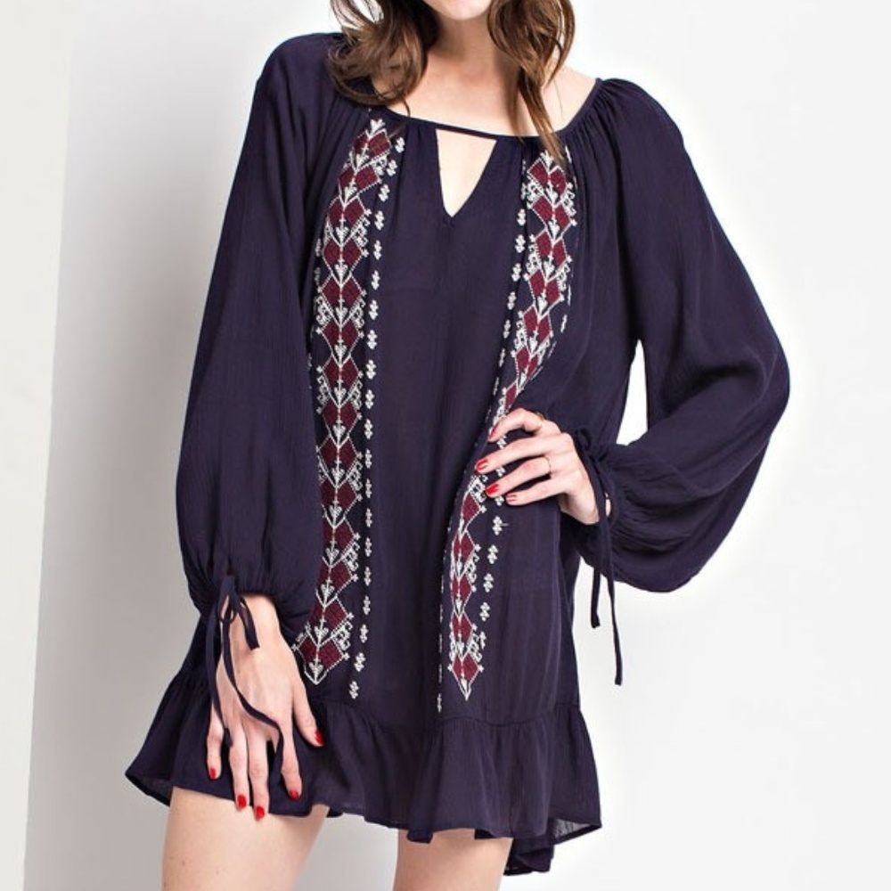 Easel Embroidered Long Sleeve Ruffle Dress/Tunic